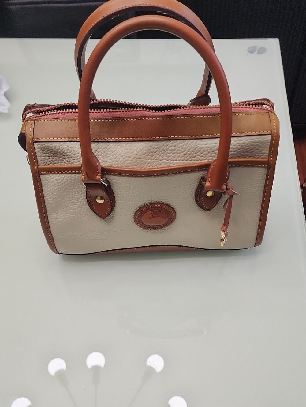 Dooney & Bourke Beige and Brown Pebbled Leather Satchel Mossing Shoulder Strip - Picture 13 of 15